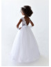 Beaded White Lace Tulle V Back Flower Girl Dress